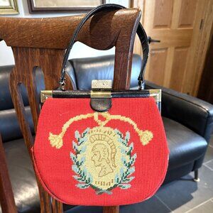 Vintage Needlepoint Handbag AS IS Black Red Ancient Roman Theme